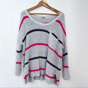 Free People Light Grey Gray Oversized Pink Black Striped Knit Sweater Small